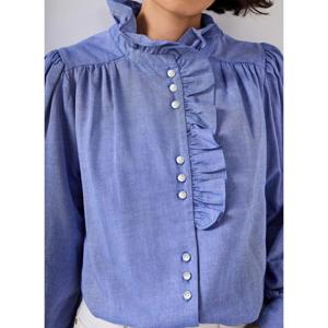 Mint Velvet Blue Cotton Chambray Ruffle Blouse